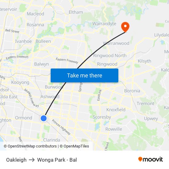 Oakleigh to Wonga Park - Bal map