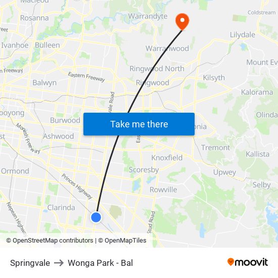 Springvale to Wonga Park - Bal map