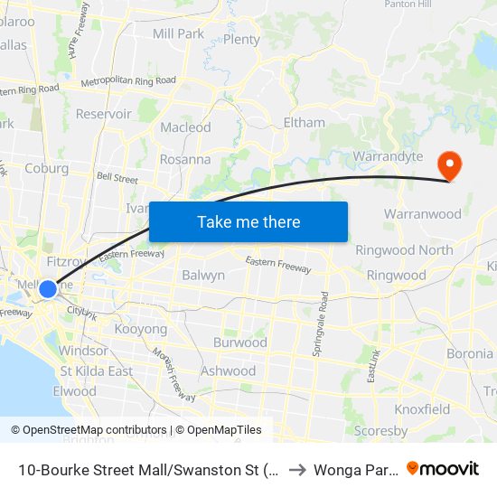 10-Bourke Street Mall/Swanston St (Melbourne City) to Wonga Park - Bal map