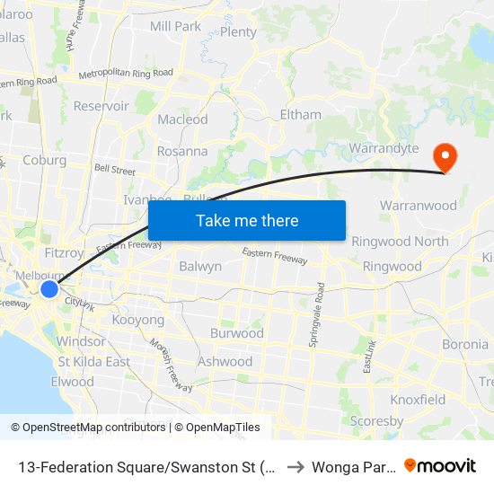 13-Federation Square/Swanston St (Melbourne City) to Wonga Park - Bal map