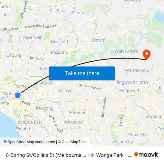 8-Spring St/Collins St (Melbourne City) to Wonga Park - Bal map