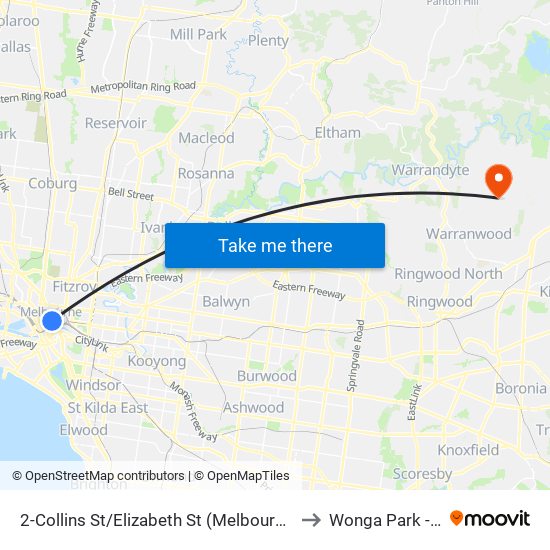 2-Collins St/Elizabeth St (Melbourne City) to Wonga Park - Bal map
