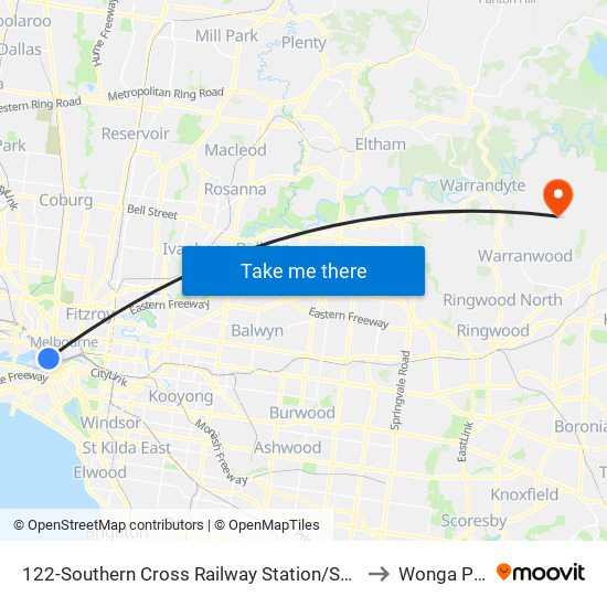 122-Southern Cross Railway Station/Spencer St (Melbourne City) to Wonga Park - Bal map