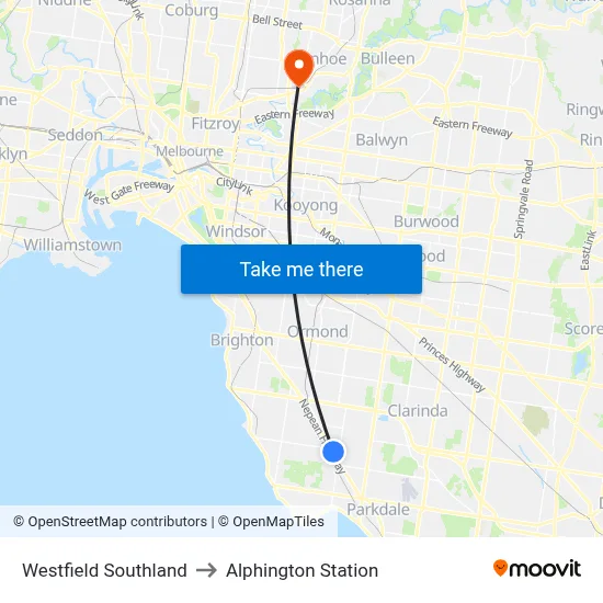 Westfield Southland to Alphington Station map