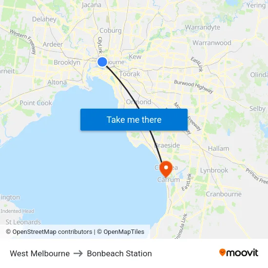 West Melbourne to Bonbeach Station map