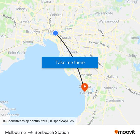 Melbourne to Bonbeach Station map