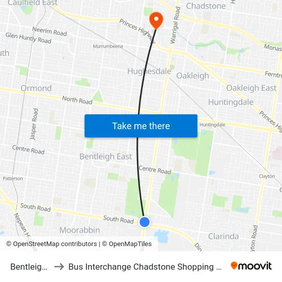 Bentleigh East to Bus Interchange Chadstone Shopping Centre, Chadstone map