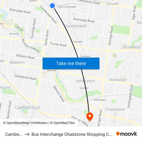 Camberwell to Bus Interchange Chadstone Shopping Centre, Chadstone map