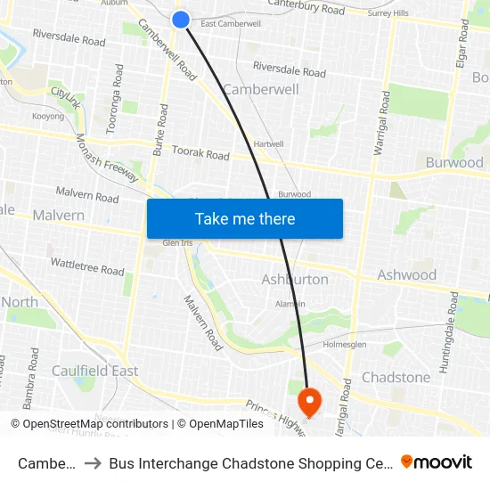 Camberwell to Bus Interchange Chadstone Shopping Centre, Chadstone map
