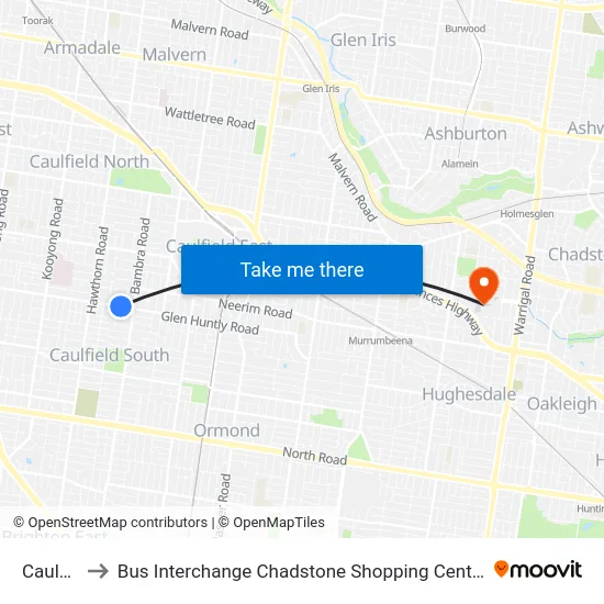 Caulfield to Bus Interchange Chadstone Shopping Centre, Chadstone map