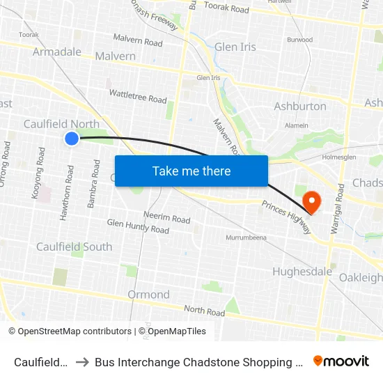 Caulfield North to Bus Interchange Chadstone Shopping Centre, Chadstone map