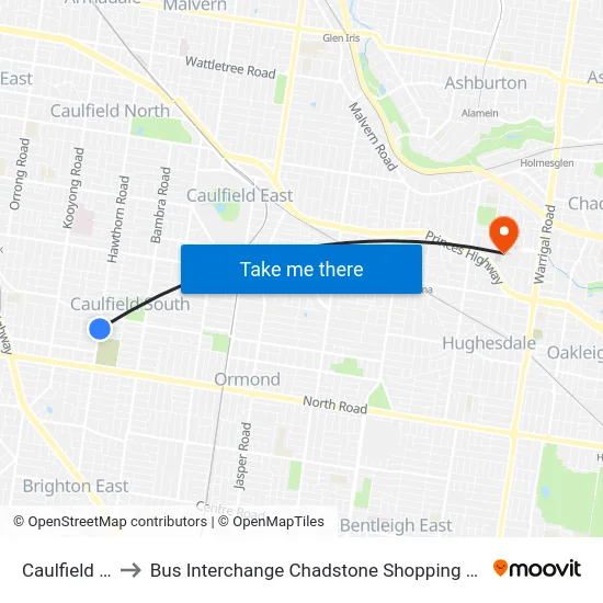 Caulfield South to Bus Interchange Chadstone Shopping Centre, Chadstone map