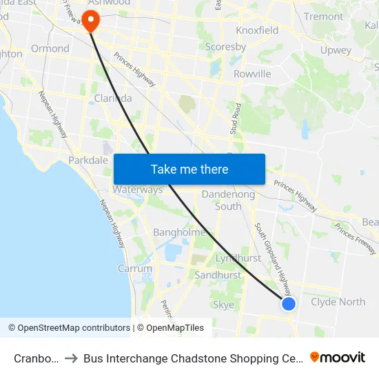 Cranbourne to Bus Interchange Chadstone Shopping Centre, Chadstone map