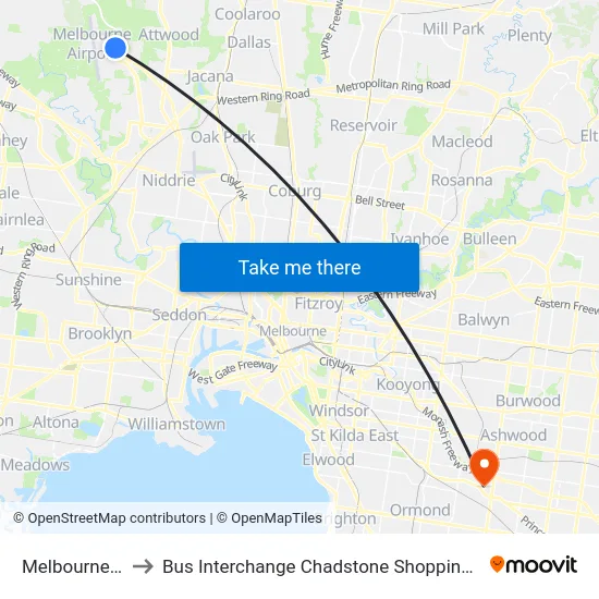 Melbourne Airport to Bus Interchange Chadstone Shopping Centre, Chadstone map