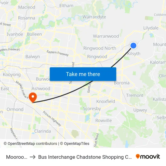 Mooroolbark to Bus Interchange Chadstone Shopping Centre, Chadstone map
