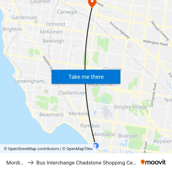 Mordialloc to Bus Interchange Chadstone Shopping Centre, Chadstone map