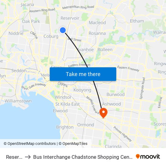 Reservoir to Bus Interchange Chadstone Shopping Centre, Chadstone map