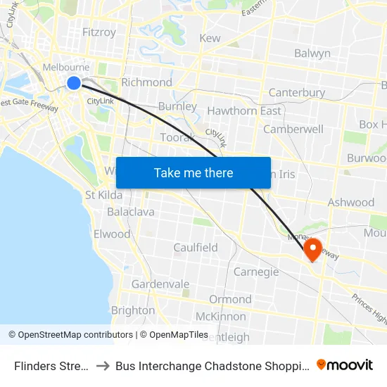 Flinders Street Station to Bus Interchange Chadstone Shopping Centre, Chadstone map