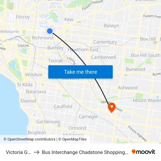 Victoria Gardens to Bus Interchange Chadstone Shopping Centre, Chadstone map