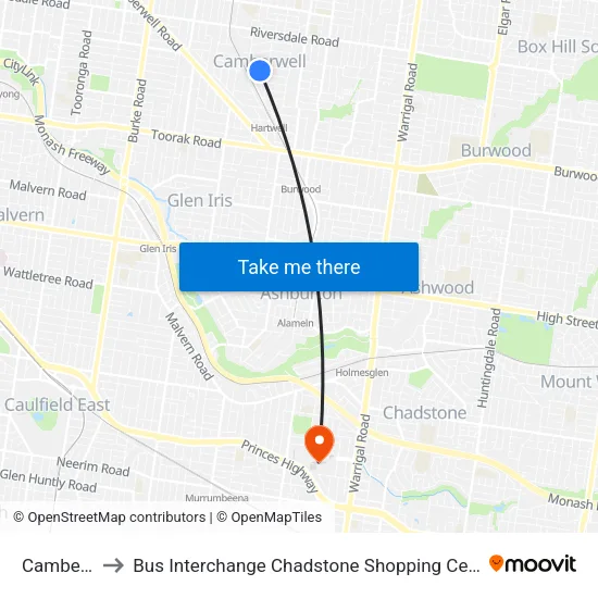 Camberwell to Bus Interchange Chadstone Shopping Centre, Chadstone map