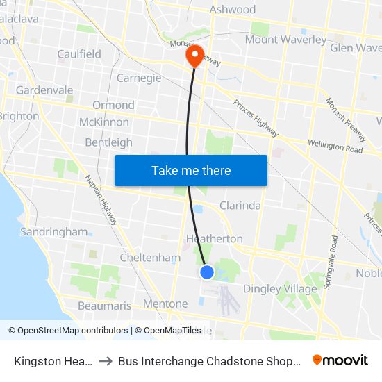 Kingston Heath Reserve to Bus Interchange Chadstone Shopping Centre, Chadstone map