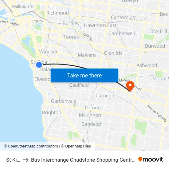 St Kilda to Bus Interchange Chadstone Shopping Centre, Chadstone map