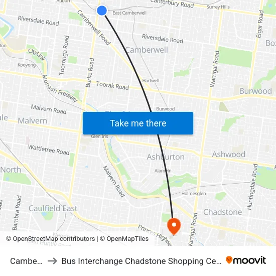 Camberwell to Bus Interchange Chadstone Shopping Centre, Chadstone map