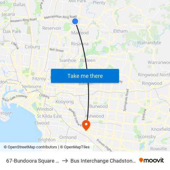 67-Bundoora Square Sc/Plenty Rd (Bundoora) to Bus Interchange Chadstone Shopping Centre, Chadstone map