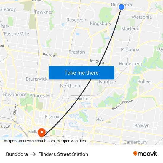 Bundoora to Flinders Street Station map