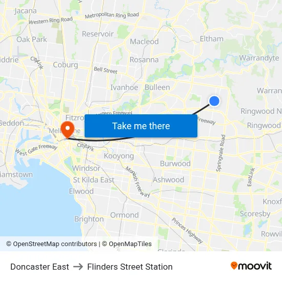 Doncaster East to Flinders Street Station map