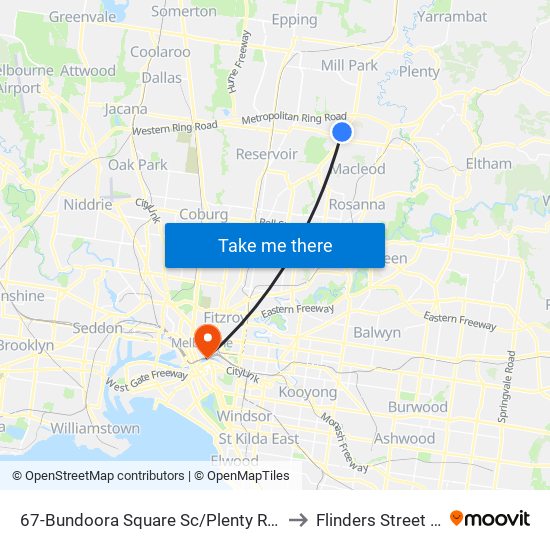 67-Bundoora Square Sc/Plenty Rd (Bundoora) to Flinders Street Station map