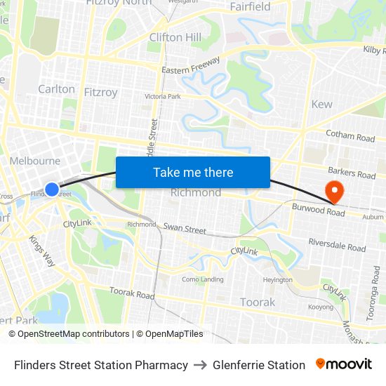 Flinders Street Station Pharmacy to Glenferrie Station map