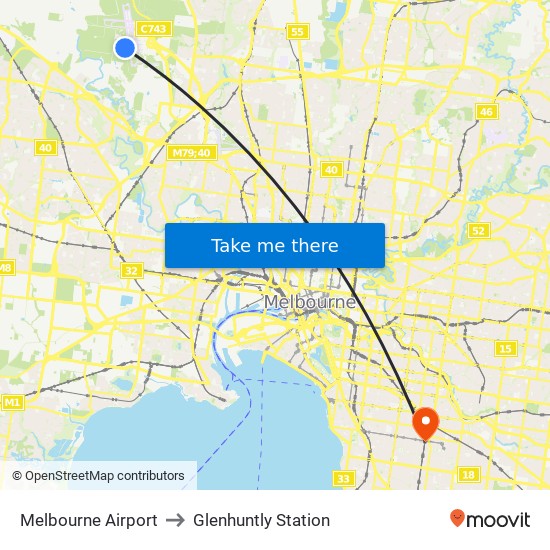 Melbourne Airport to Glenhuntly Station map