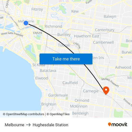 Melbourne to Hughesdale Station map