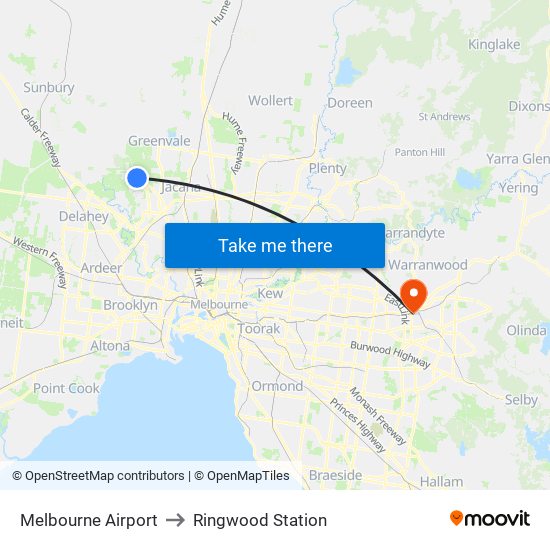 Melbourne Airport to Ringwood Station map