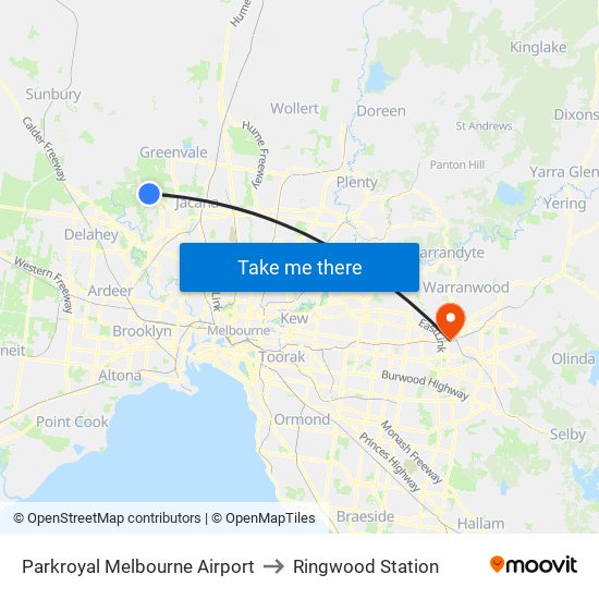Parkroyal Melbourne Airport to Ringwood Station map
