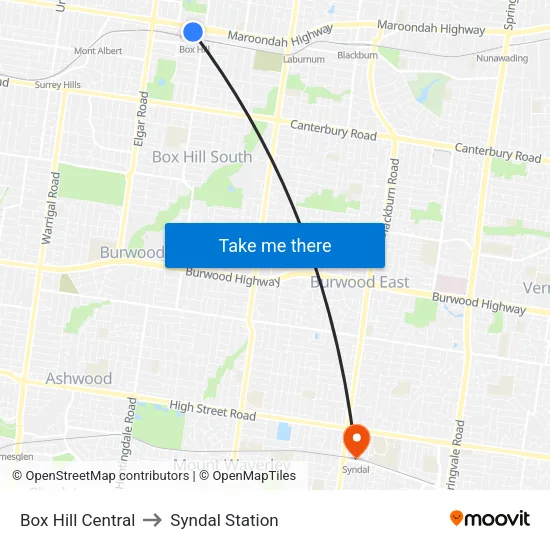 Box Hill Central to Syndal Station map