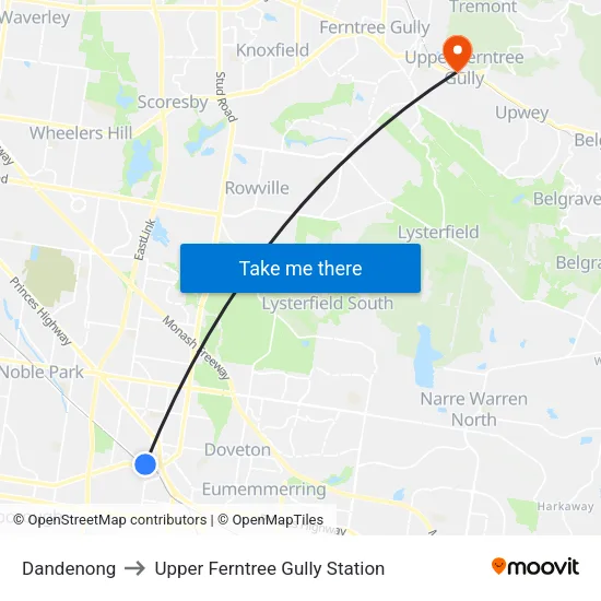 Dandenong to Upper Ferntree Gully Station map