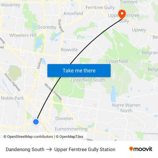 Dandenong South to Upper Ferntree Gully Station map