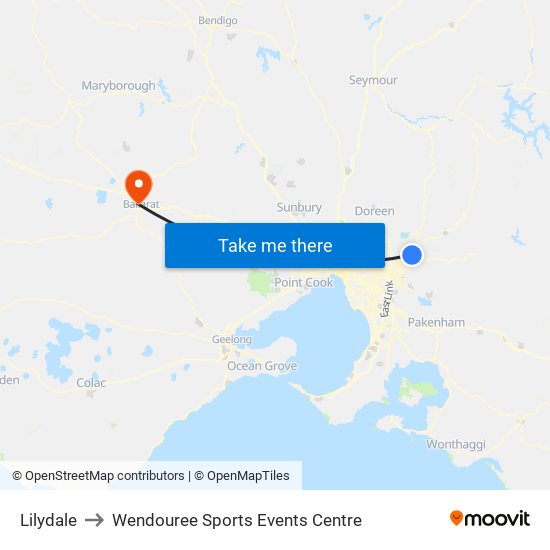 Lilydale to Wendouree Sports Events Centre map