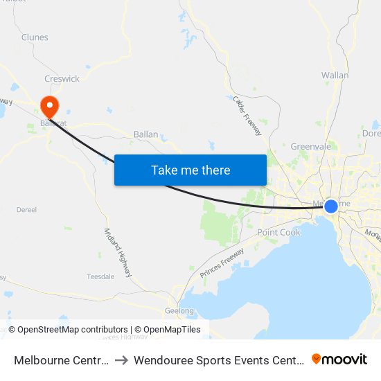 Melbourne Central to Wendouree Sports Events Centre map