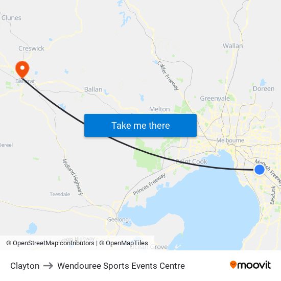 Clayton to Wendouree Sports Events Centre map