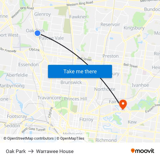 Oak Park to Warrawee House map