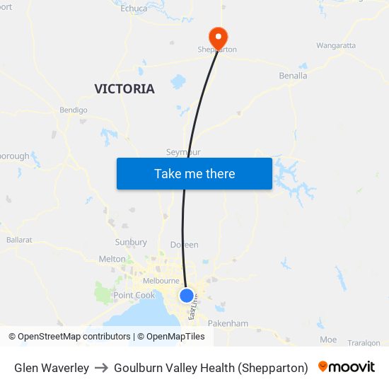 Glen Waverley to Goulburn Valley Health (Shepparton) map