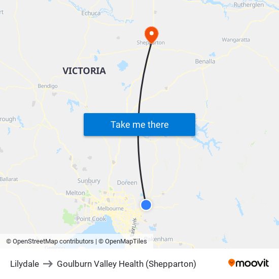 Lilydale to Goulburn Valley Health (Shepparton) map