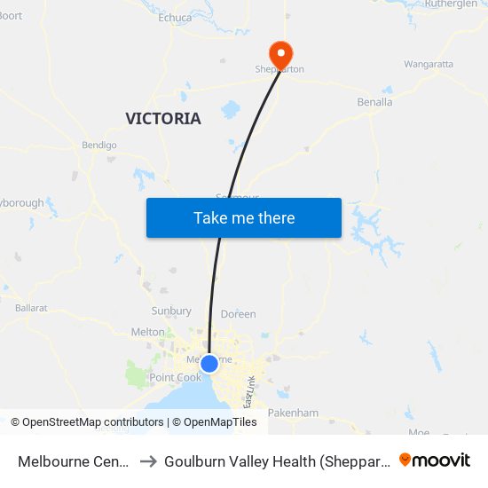 Melbourne Central to Goulburn Valley Health (Shepparton) map