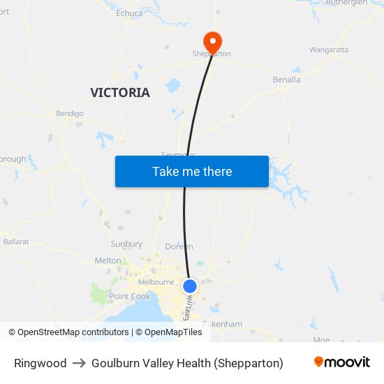 Ringwood to Goulburn Valley Health (Shepparton) map