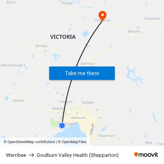 Werribee to Goulburn Valley Health (Shepparton) map