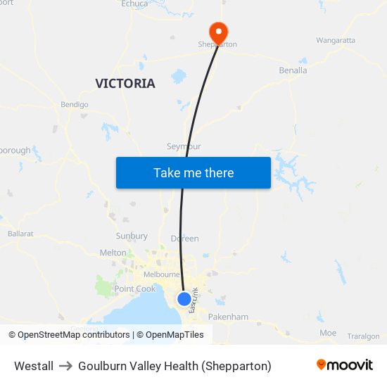 Westall to Goulburn Valley Health (Shepparton) map