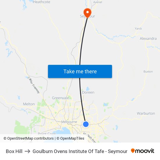 Box Hill to Goulburn Ovens Institute Of Tafe - Seymour map